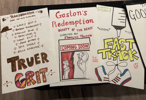 Hand-drawn movie posters for fictional films, including 'Truer Grit,' 'Gaston's Redemption,' and 'Fast Track,' created by participants during a creative team building event.