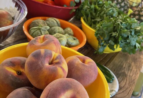 Fresh peaches, bell peppers, pineapples, and cilantro displayed at a Salsa Showdown, ready to be transformed into flavorful salsa creations.