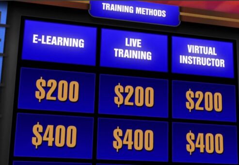 In this photo you can see gameboard for a team building program based on: Jeopardy! There are categories such as 'Training Methods' featuring three columns: E-learning, Live Training, and Virtual Instructor. Each column has question values of $200 and $400.
