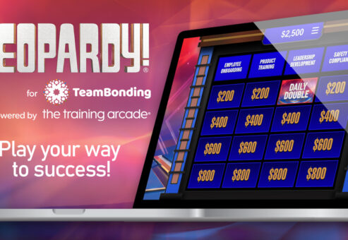 Jeopardy! game display on a laptop screen, showcasing categories like Employee Onboarding, Product Training, Leadership Development, and Safety & Compliance, with dollar amounts beneath. The image promotes a TeamBonding event powered by The Training Arcade with the tagline 'Play your way to success!
