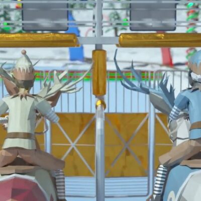 Two reindeer riders at the starting gate, ready for a race during the Reindeer Games team building event. thumbnail