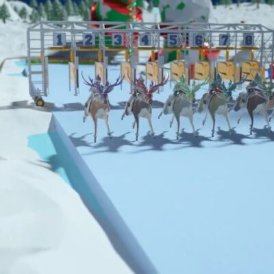 Reindeer lined up at the starting gate, ready to race during the Reindeer Games team building event. thumbnail