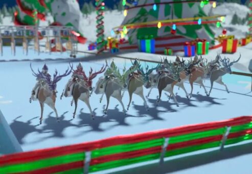 Reindeer sprinting around the track with festive holiday décor during the Reindeer Games team building event.