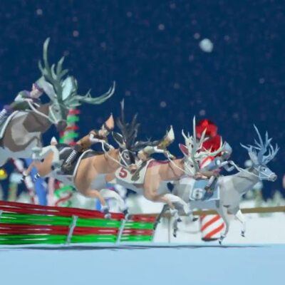 Reindeer racing in a snowy, festive track during the Reindeer Games team building event. thumbnail