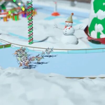 Reindeer racing around a snowy track during the Reindeer Games team building event, with a snowman and festive decorations in the background. thumbnail
